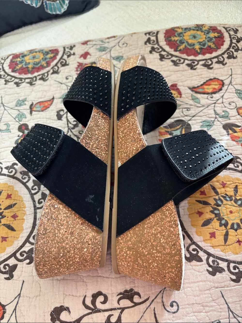 Cork Wedge Black Rhinestone Covered Double Strap Slide Sandals Size 11M - Picture 9 of 16